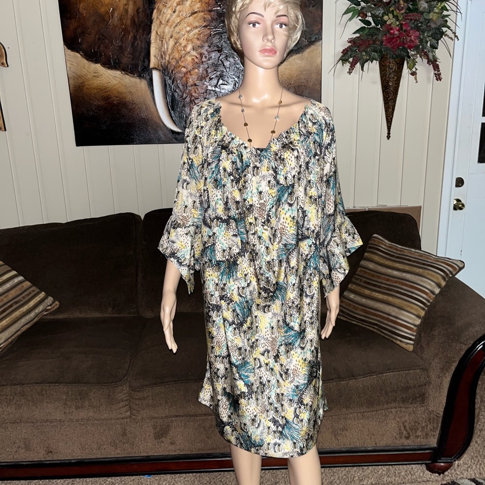 Rutzou Anthropologie • Size 16 • Silk • Beige/Green/Blue • Tunic• Bugs & Plants